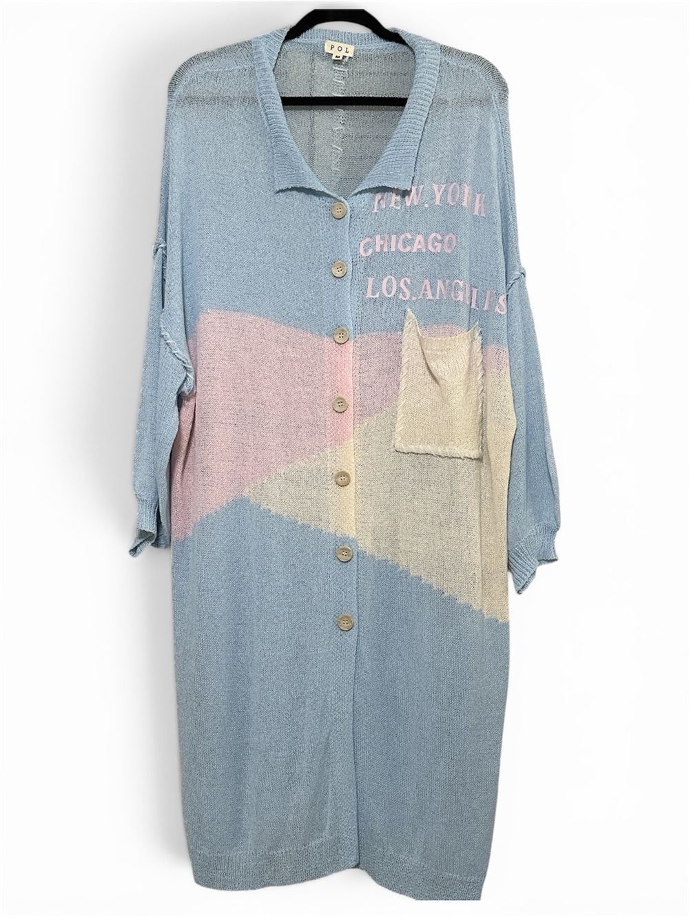 POL Pastel Blue Button-Up Colorblock Cardigan with Pink & Cream Accents